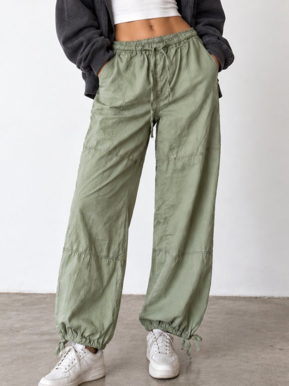 RSQ SageGreen Parachute Pants Drawstring Utility Cargo Joggers Casual Sz M NWT